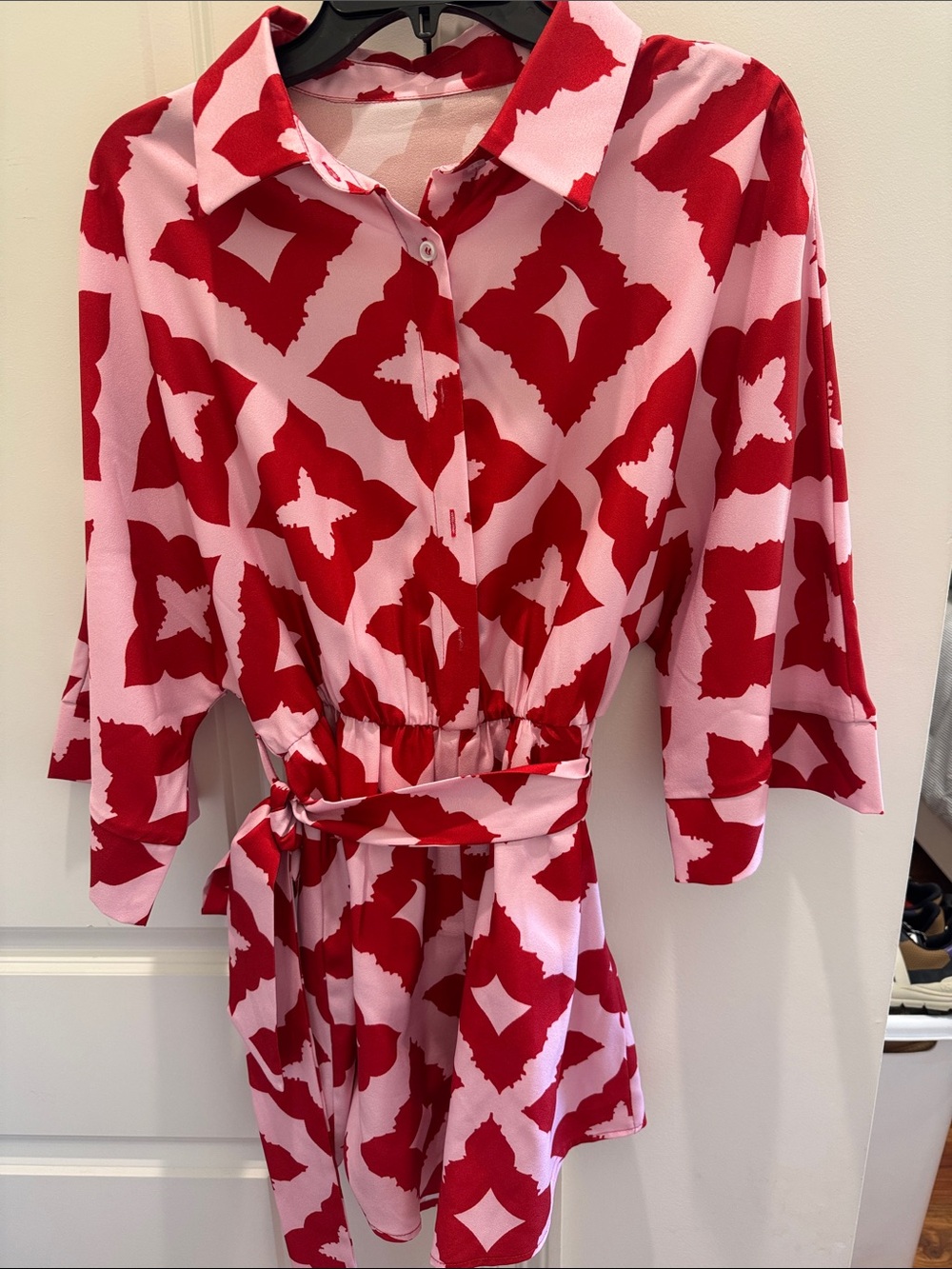 Red & Pink Geometric Shirt romper with Waist Tie